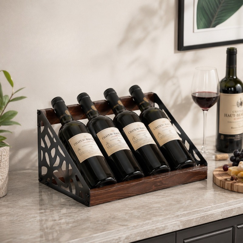 Home Bar Stand - ชั้นวางไวน์ไม้สำหรับบาร์ในบ้าน ที่วางขวดไวน์ ชั้นวางค็อกเทลเหล็กกลวงสไตล์เรโทร ชั้นโชว์วิสกี้ อุปกรณ์ตกแต่งบาร์