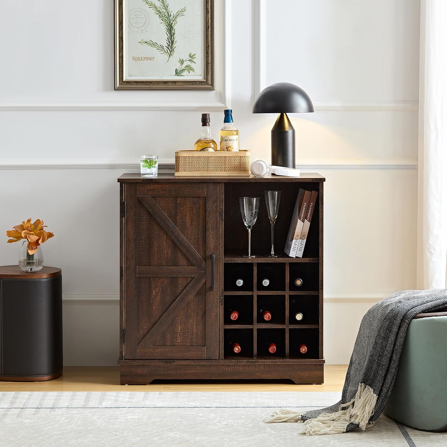 Home Bar And Cabinet - ตู้เก็บไวน์แบบฟาร์มเฮาส์พร้อมที่เก็บแก้ว, บานเลื่อน, ลิ้นชักบุฟเฟต์, ชั้นวางปรับระดับได้, ขนาด 31.5x15.75x31.5