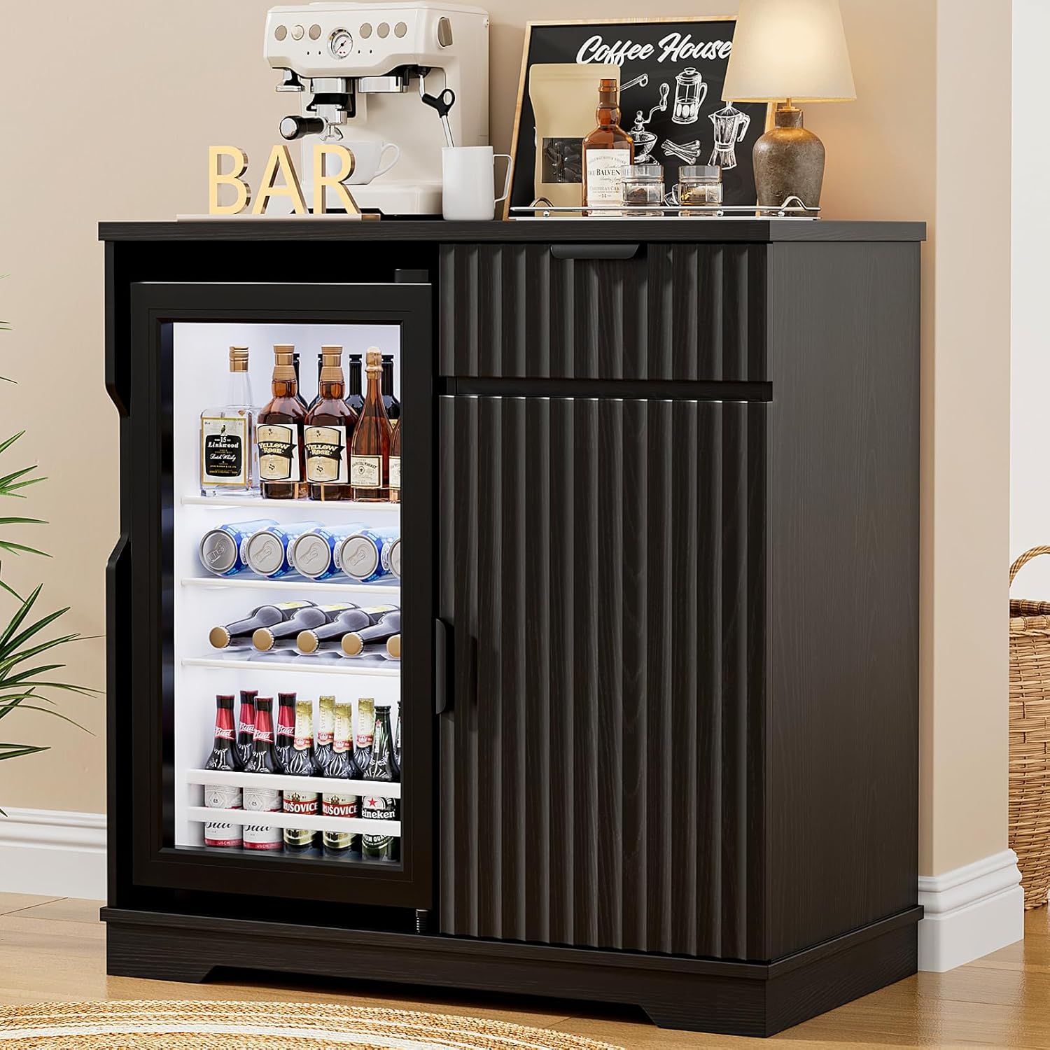 Home Bar And Cabinet - ตู้บาร์กาแฟแบบมีร่องพร้อมตู้เย็นขนาดเล็กแบบดึงออกได้ 31.5 นิ้ว สำหรับเก็บไวน์และเครื่องดื่มแอลกอฮอล์ สำหรับใช้ในบ้าน ห้องครัว