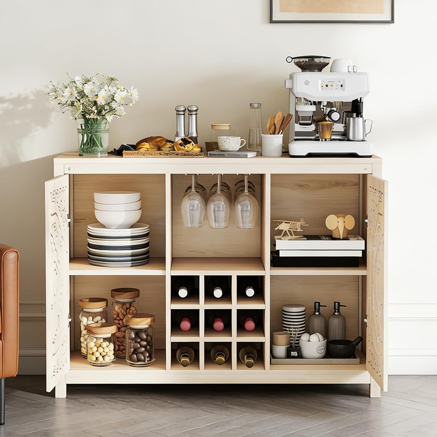 Home Bar And Cabinet - ตู้บาร์ไม้พร้อมชั้นวางไวน์ปรับระดับได้และที่เก็บของ, ตู้บุฟเฟต์สำหรับห้องนั่งเล่นและห้องรับประทานอาหาร, ปรับแต่งได้