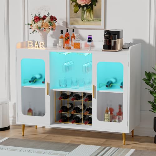 Home Bar And Cabinet - ตู้เก็บเครื่องดื่มพร้อมปลั๊กไฟและไฟ LED, ตู้เก็บไวน์พร้อมชั้นวางไวน์และแก้ว, บาร์กาแฟสำหรับบ้าน