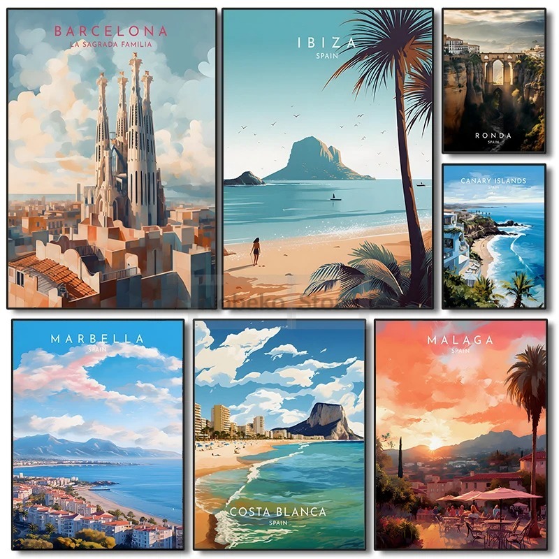 Home Barcelona - สเปนโปสเตอร์ท่องเที่ยวบาร์เซโลนาMalaga Ibiza Ronda Lanzaroteสีน้ําพิมพ์ภาพวาดผ้าใบWall ArtภาพHome Room