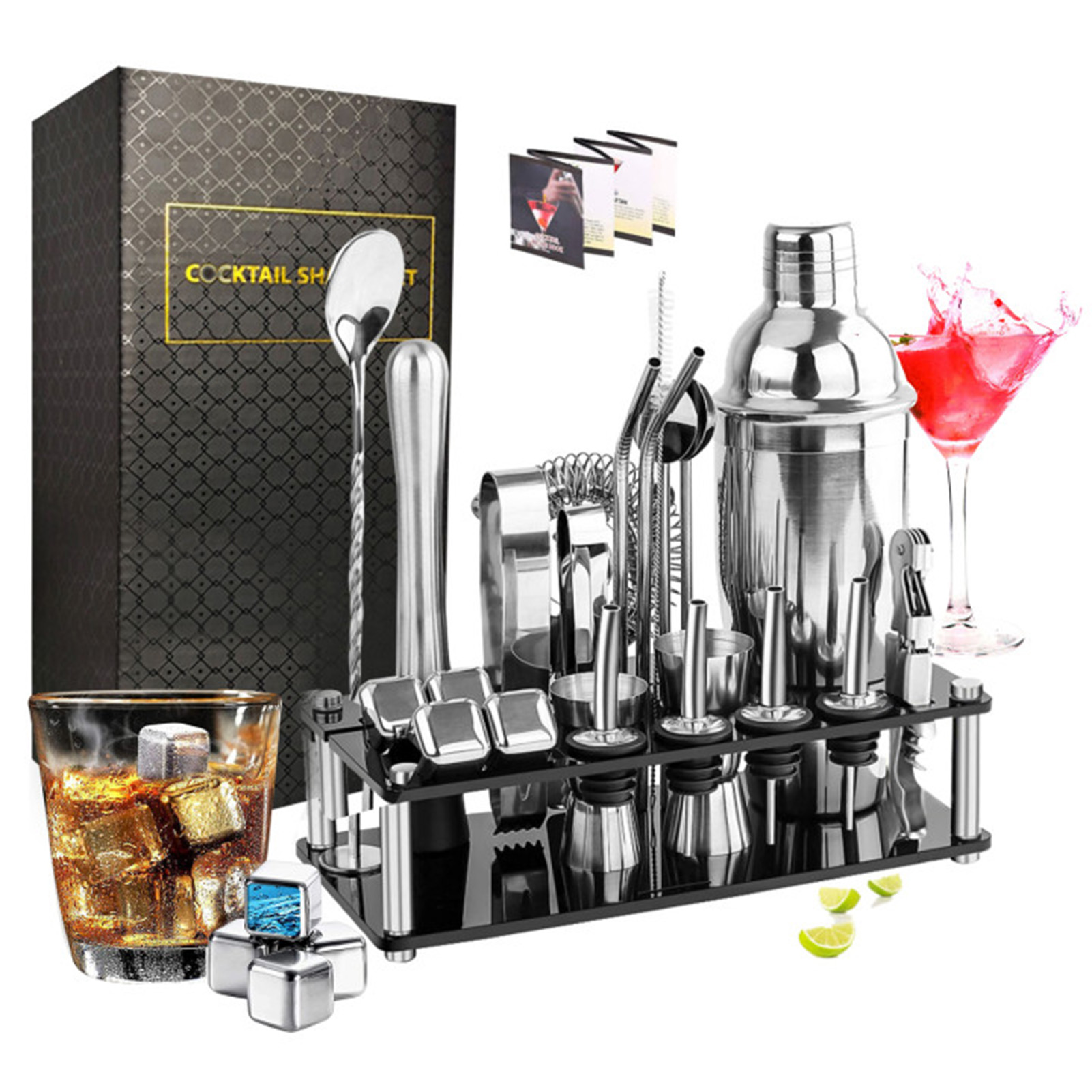 Cocktail Recipe Book - ชุดเครื่องดื่มค็อกเทล Shaker สแตนเลสสตีลบาร์เครื่องมือ Bartender ชุดขาตั้งจอแสดงผล Ice